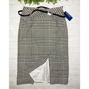 Evan Picone Houndstooth Slit Front Belted Skirt - Blk/Ivory